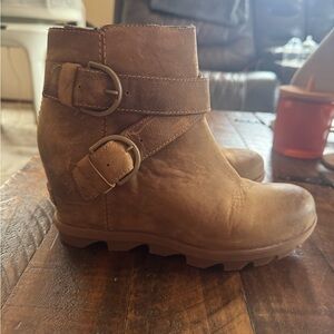 Sorel Tan Wedge Boots with Buckle